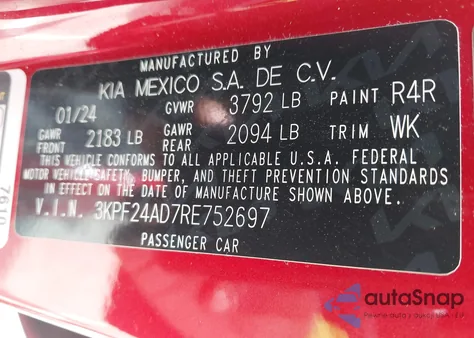 2024 Kia Forte Lxs from USA, damaged, VIN 3KPF24AD7RE752697